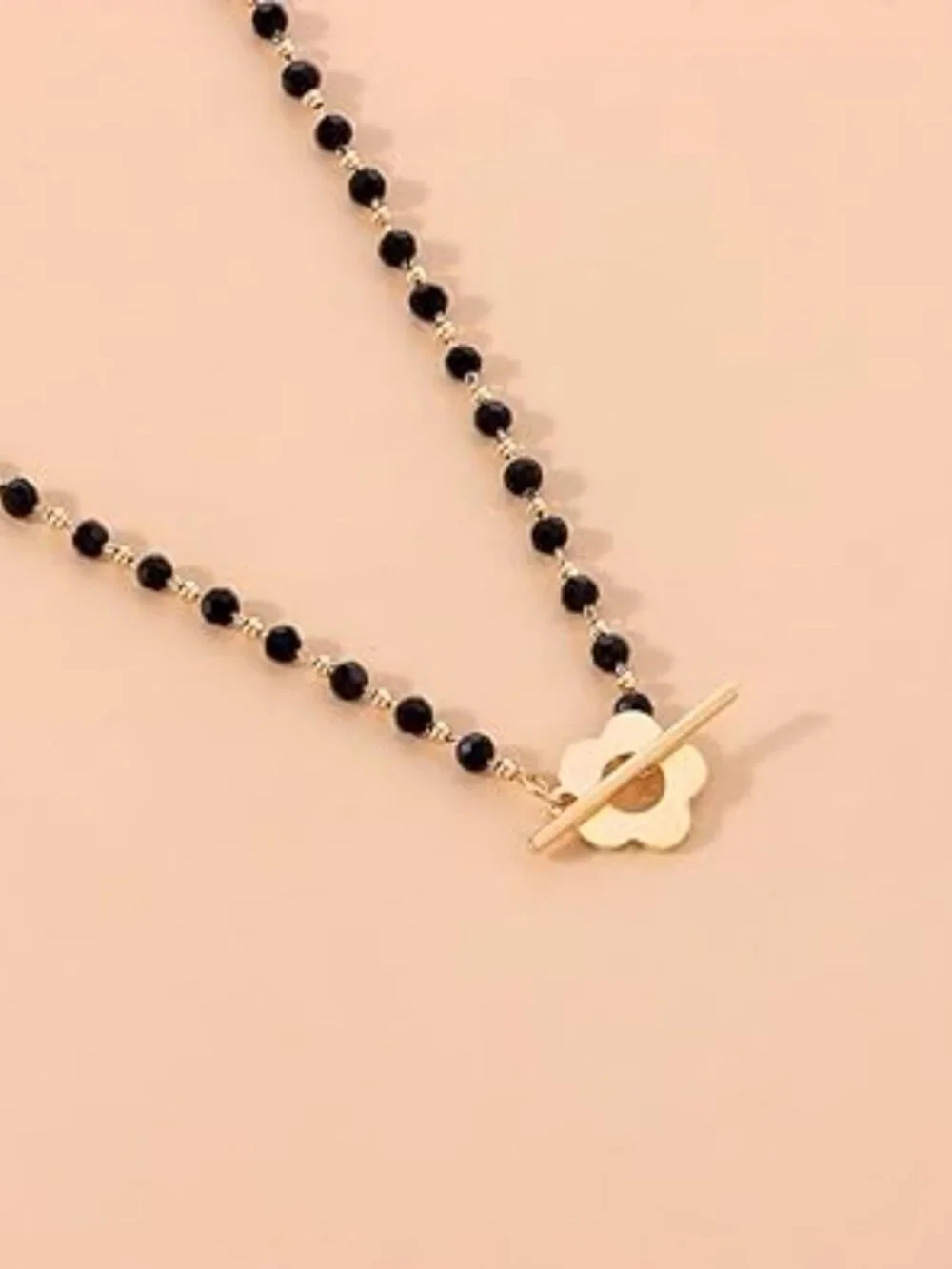 14K Gold Flower Choker Necklace Black Beaded Goth Boho Statement
